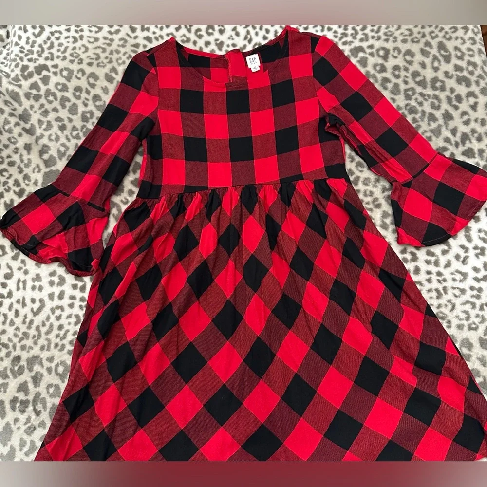 GapKids Buffalo Plaid Bell Sleeve Dress in Red Black Size XXL Regular Girls